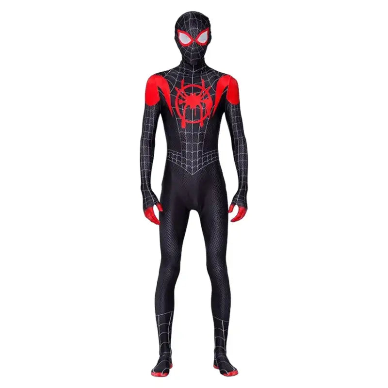 Costume spiderman super en noir et rouge avec motif toile, accents rouges et lentilles blanches de super-héros marvel