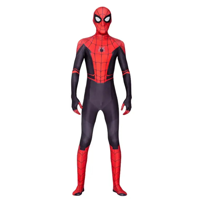 Costume spiderman super en matière brillante rouge et noir avec motifs toile détaillés pour super-héros marvel