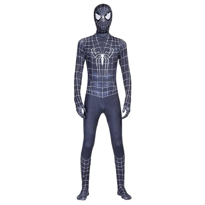 Costume spiderman super avec motif toile blanche et emblème araignée noir pour super-héros marvel officiel