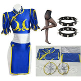 Costume street fighter chun li en qipao bleu et jaune en satin avec broderie dorée, col haut et manches bouffantes
