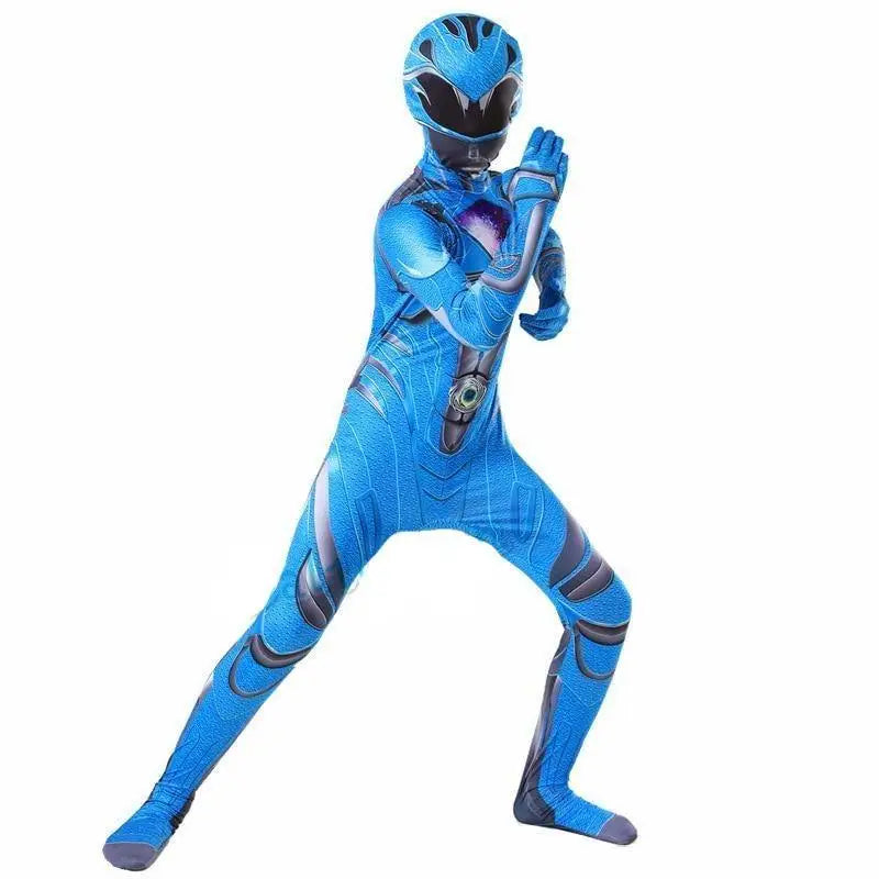 Déguisement power rangers enfant bleu avec casque moulé et détails noirs et argentés pour super-héros