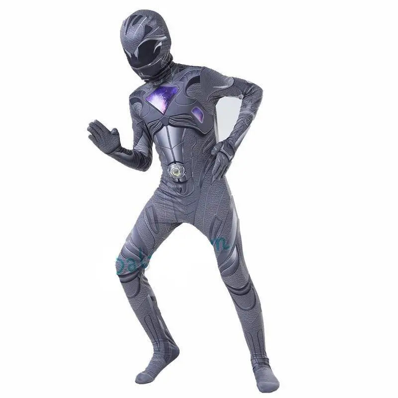 Déguisement power rangers enfant noir et violet avec motifs armure détaillés et emblème lumineux au centre poitrine