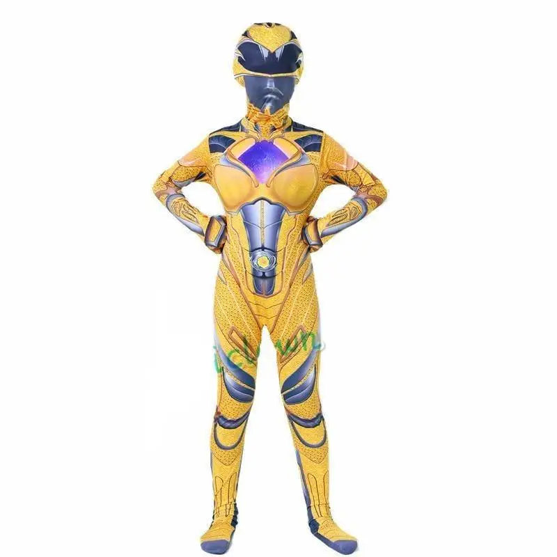 Déguisement power rangers enfant en combinaison zentai jaune et bleue avec emblème violet inspiré du power rangers jaune