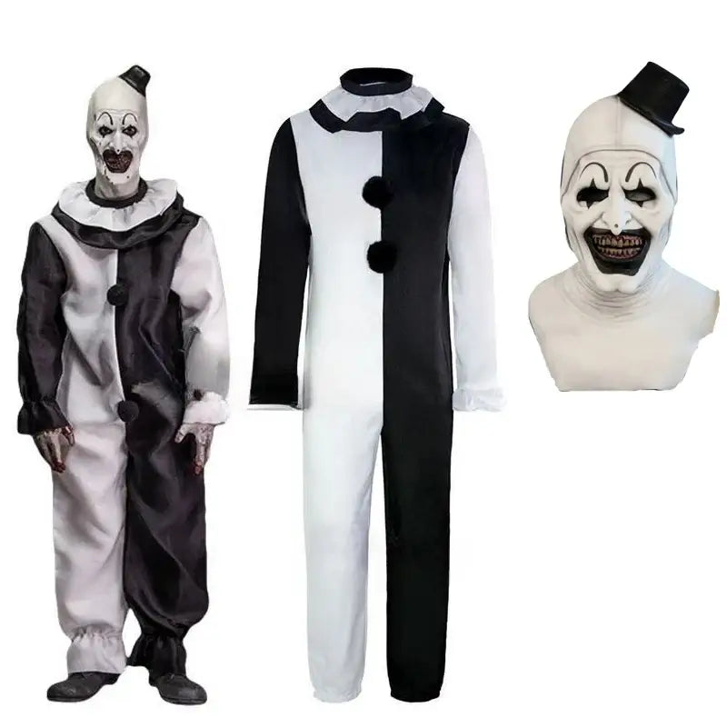 Costume terrifier clown noir et blanc avec masque réaliste et haut de forme pour soirées d’halloween effrayantes