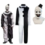 Costume terrifier clown noir et blanc avec masque réaliste et haut de forme pour soirées d’halloween effrayantes