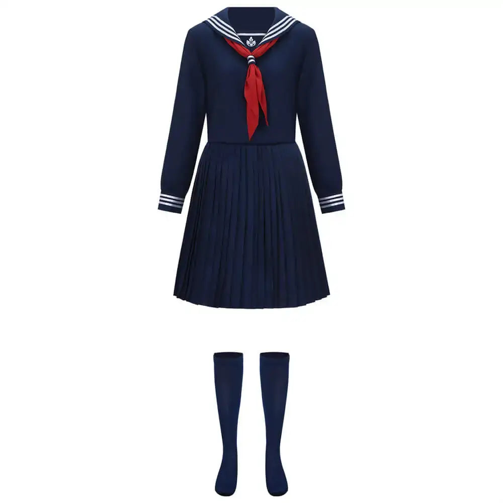 Costume uniforme scolaire japonais navy bleu style marin avec col blanc, foulard rouge et jupe plissée silent hill