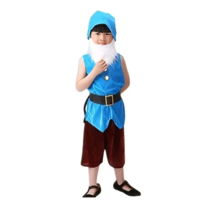 Costumes cosplay nains blanche neige bleu velours avec capuche barbe fausse fourrure blanche et pantalon velours rouge
