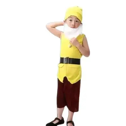 Costumes cosplay nains blanche neige avec haut jaune sans manches ceinturé noir pantalon marron chapeau assorti et barbe blanche