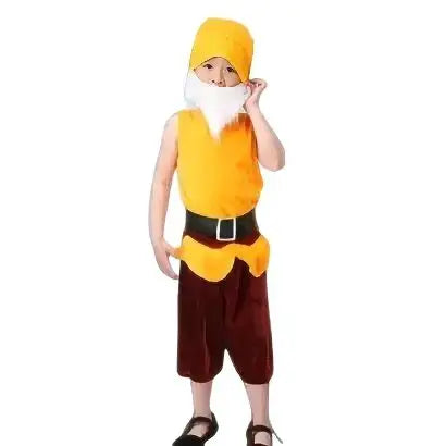 Costumes cosplay nains blanche neige avec top jaune sans manches à capuche et short marron ceinturé noir à boucle argentée