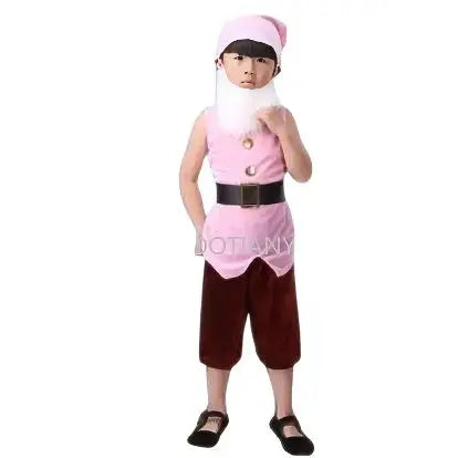 Déguisement cosplay nains blanche neige avec top rose sans manches à boutons dorés ceinture noire short bordeaux et chapeau rose assorti