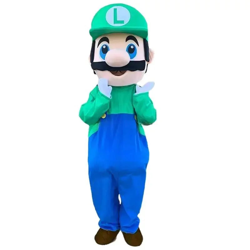 Costume super mario bros mascotte luigi vert et bleu avec casquette l noire moustache et chaussures marron