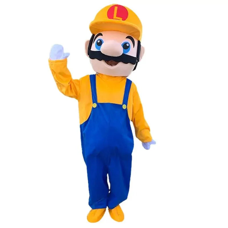 Costume super mario bros luigi en peluche intégral avec casquette jaune l emblem rouge et gants assortis jaunes