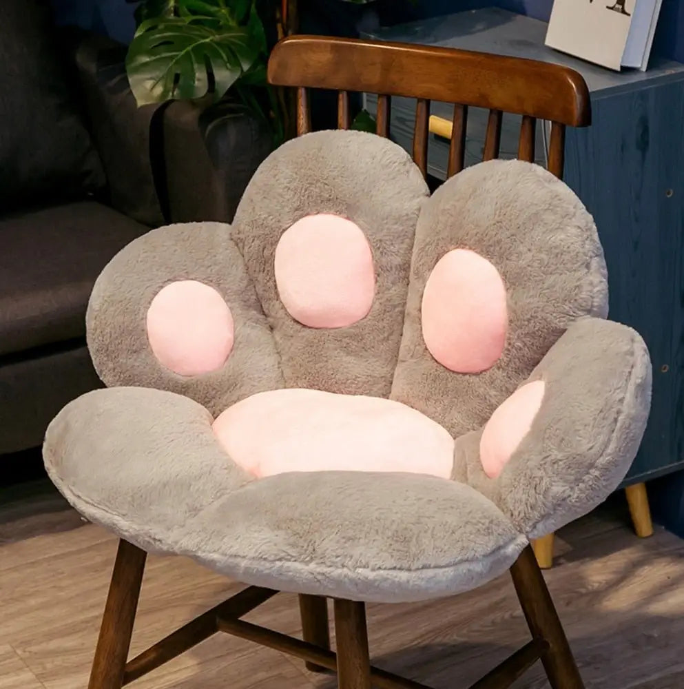 Coussin de siège en peluche patte d’ours gris doux avec coussinets rembourrés roses peluche patte d’ours