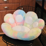 Coussin de siège en peluche patte d’ours pastel arc-en-ciel doux et moelleux avec accents blancs circulaires