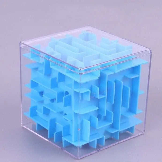 Cube magique labyrinthe bleu en plastique dans un boîtier acrylique transparent labyrinthe 3d puzzle transparent six faces