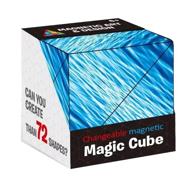 Cube transformable antistress bleu à motifs ondulés magnétique infini présenté dans sa boîte changeable magnetic magic cube