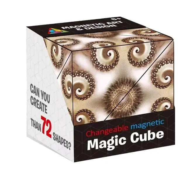 La boîte du cube transformable antistress 70 formes présente un motif spirale dorée sur fond beige pour puzzle anti-stress ultime