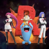 Logo rouge texturé en flammes représentant la décoration team rocket pour figurines pokémon avec scène d’explosion