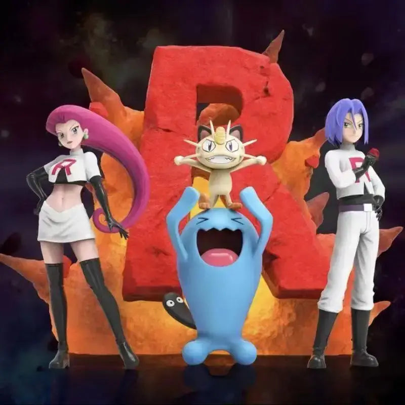 Logo rouge texturé en flammes représentant la décoration team rocket pour figurines pokémon avec scène d’explosion