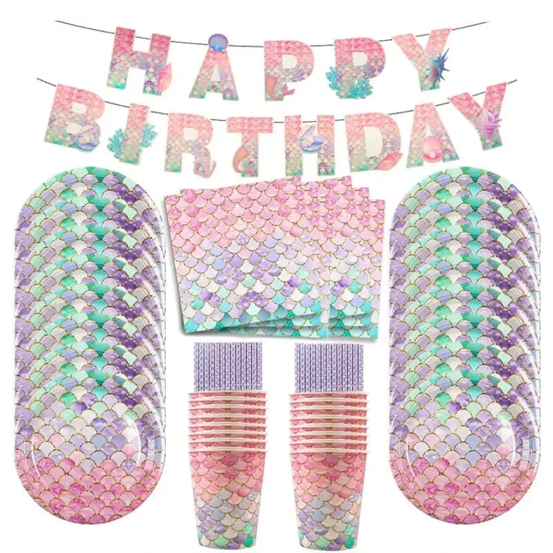 Décoration anniversaire sirène fille avec vaisselle irisée rose violet et bleu teal et bannière joyeux anniversaire assortie