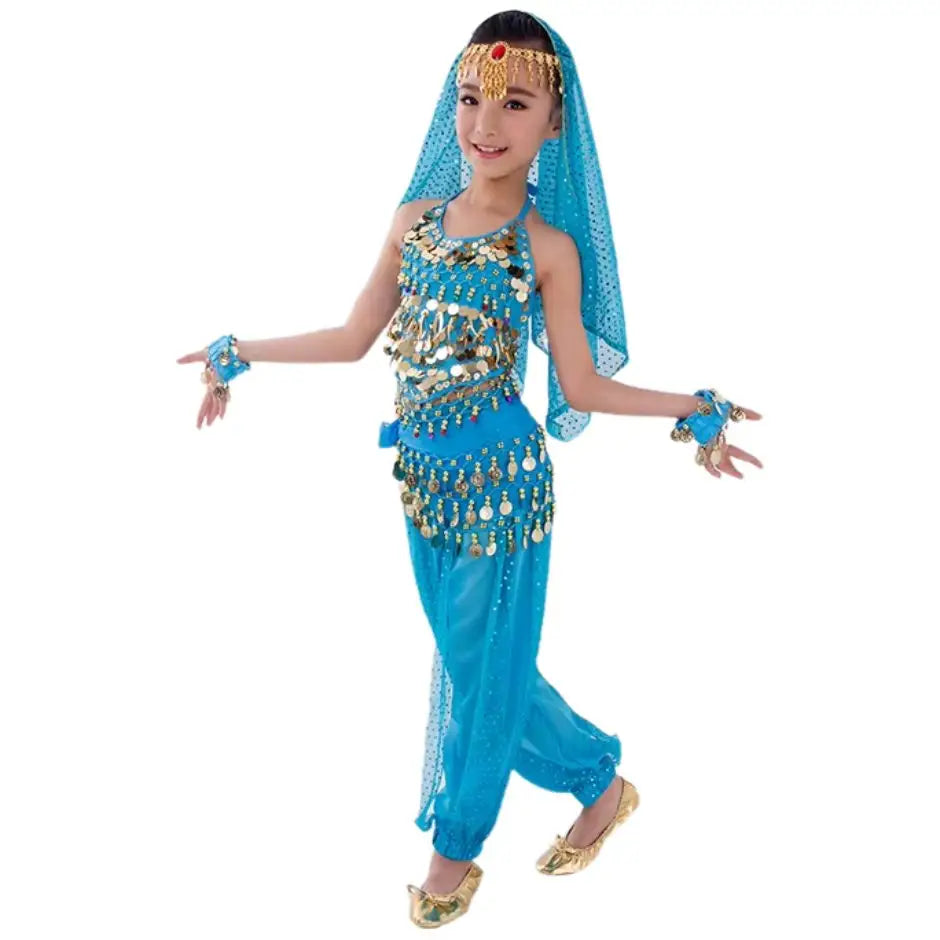 Déguisement danseuse orientale enfant bleu vif avec paillettes orientales dorées et voile transparent ventre authentique