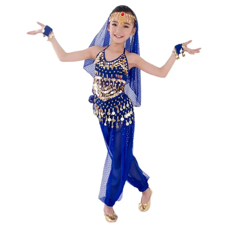 Déguisement danseuse orientale enfant bleu avec paillettes orientales or, top halter, pantalon fluide et tête ventre authentique