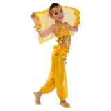 Déguisement danseuse orientale enfant jaune vif orné de paillettes orientales, pièces métalliques et voile transparent
