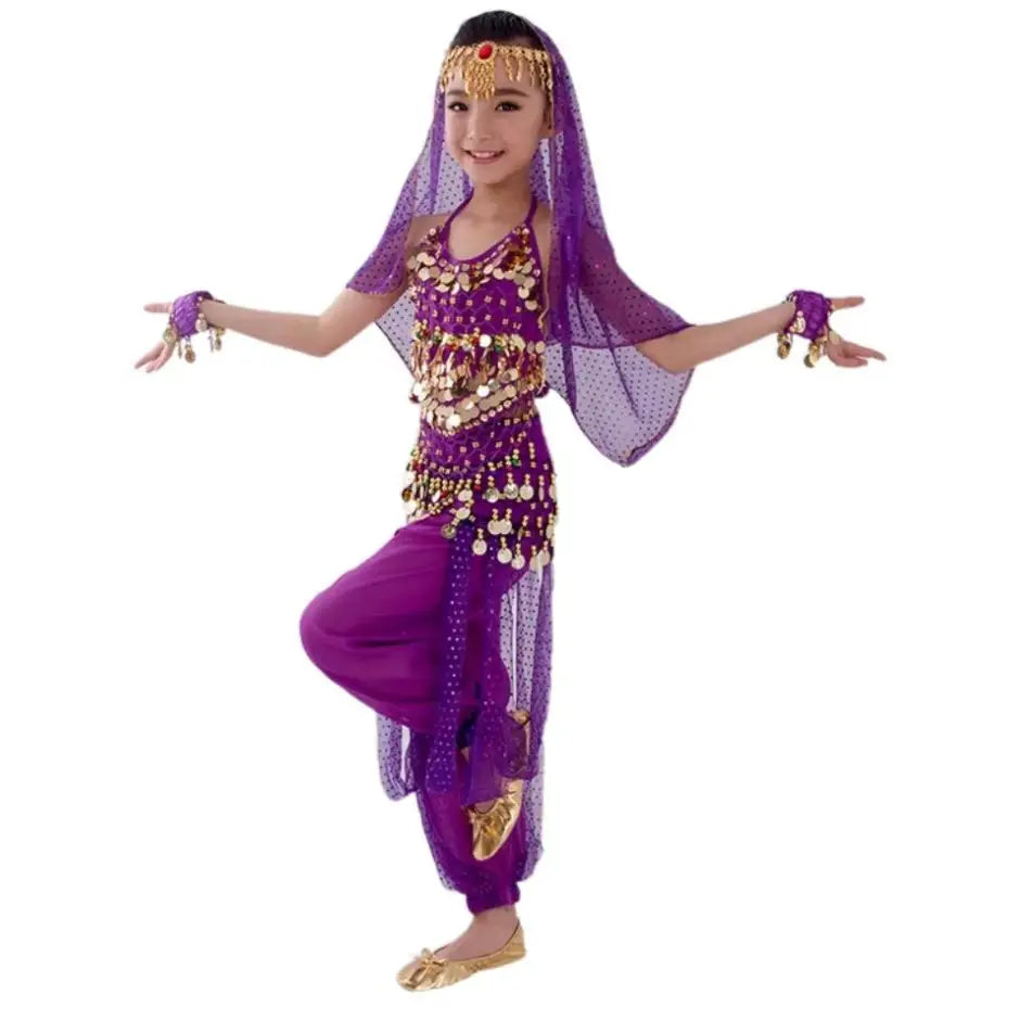 Déguisement danseuse orientale enfant violet avec paillettes orientales et jupe en tulle avec ventre authentique