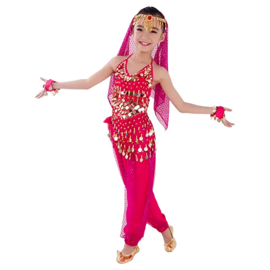 Déguisement danseuse orientale enfant rose vif avec paillettes orientales dorées et ventre authentique orné de pièces suspendues