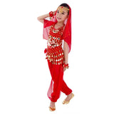 Déguisement danseuse orientale enfant rouge avec paillettes orientales et ventre authentique en maille transparente