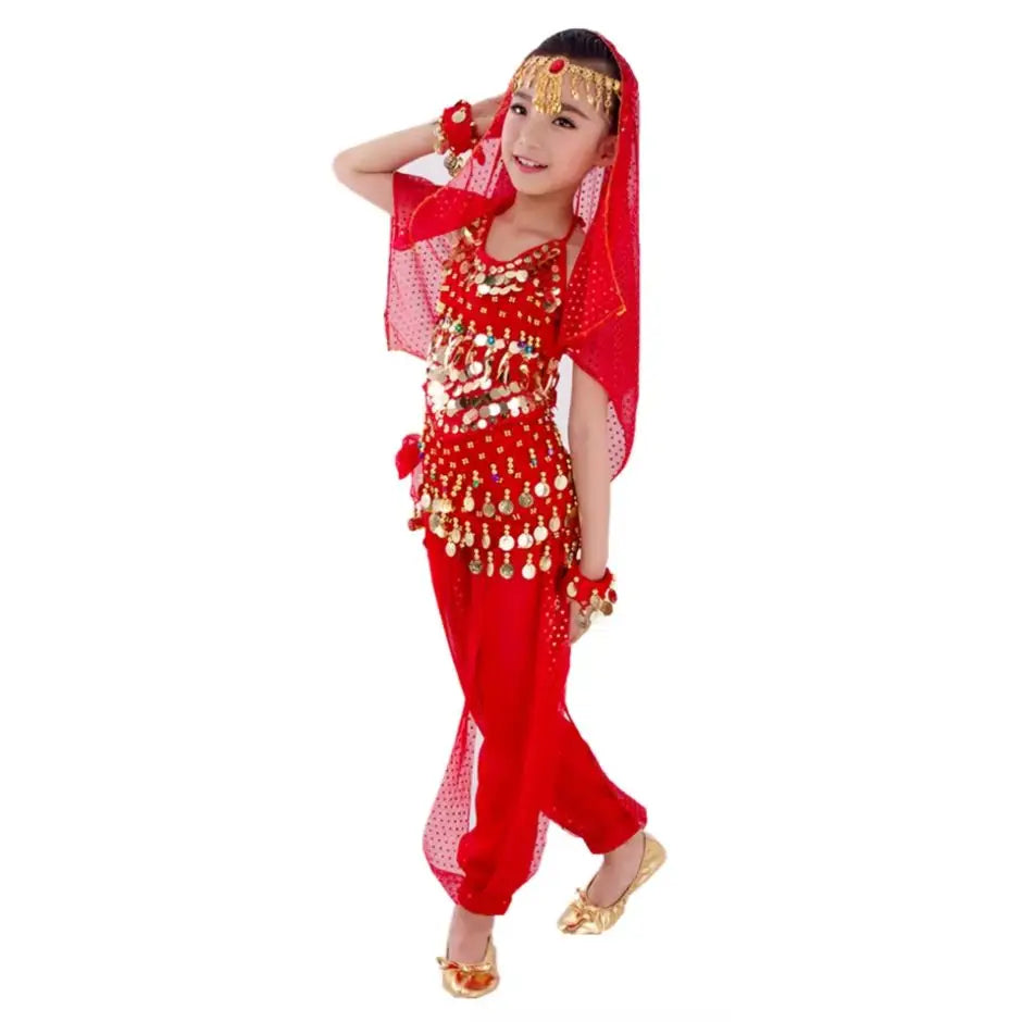 Déguisement danseuse orientale enfant rouge avec paillettes orientales et ventre authentique en maille transparente