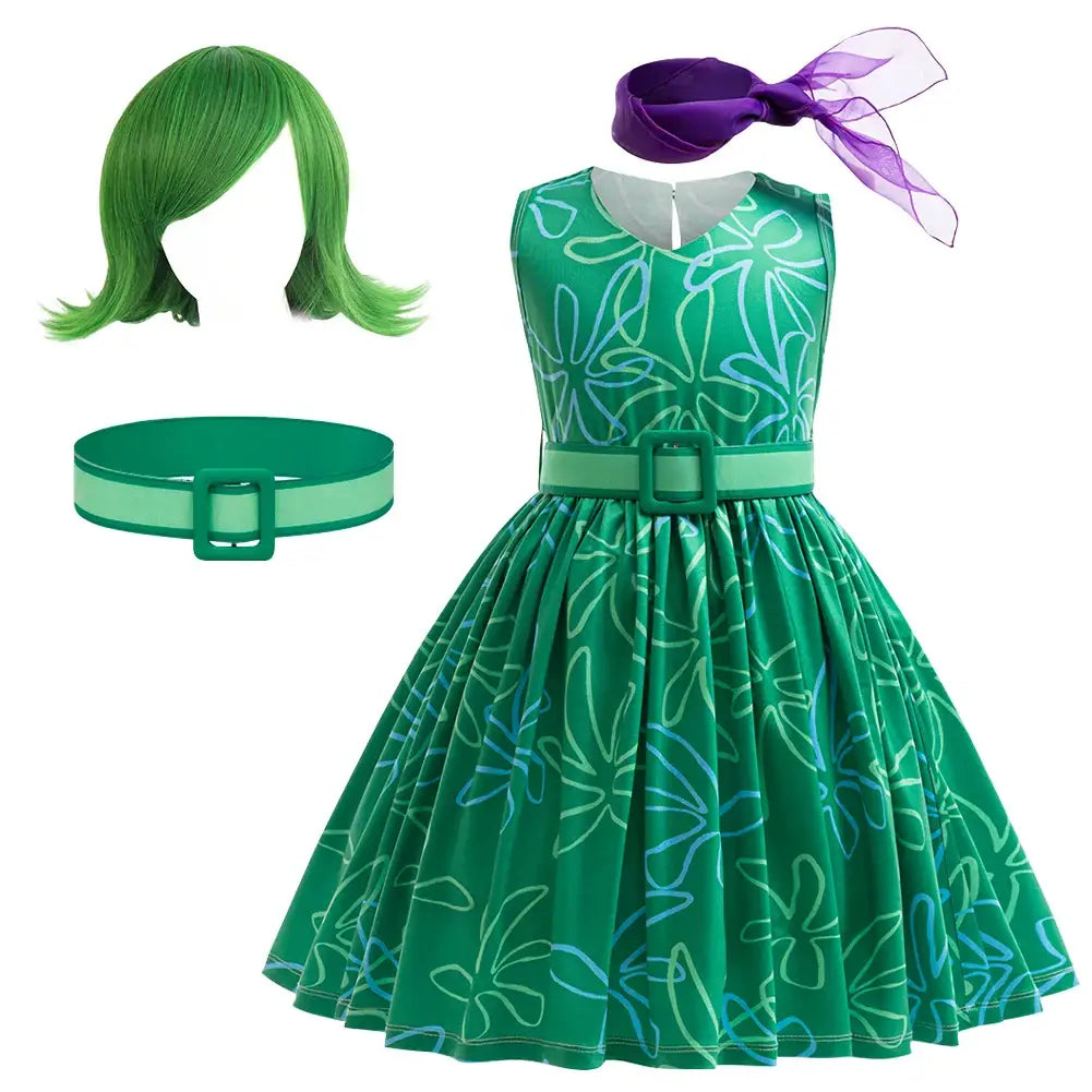 Déguisement Disgust Vice Versa avec robe verte, perruque, ceinture et écharpe