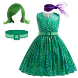 Déguisement Disgust Vice Versa avec robe verte, perruque, ceinture et écharpe