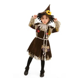 Déguisement enfant epouvantail magicien d’oz marron avec chapeau pointu orné d’un tournesol jaune et manches à franges