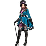 Déguisement femme magicienne sexy avec manteau en velours teal bordé de motifs damier noir et blanc et jupe rayée assortie