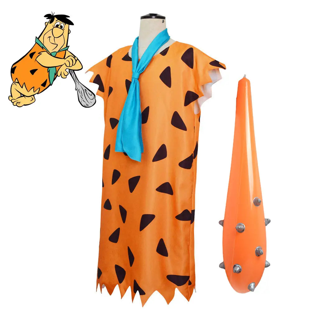 Déguisement fun halloween orange à motifs pierre avec taches noires et écharpe bleue style déguisement fred flintstone