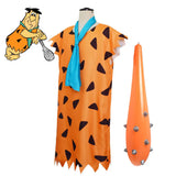 Déguisement fun halloween orange à motifs pierre avec taches noires et écharpe bleue style déguisement fred flintstone