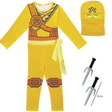 Déguisement ninjago enfant jaune en polyester léger avec capuche et nunchaku pour fêtes déguisées carnaval