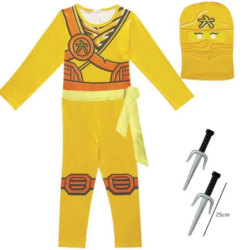 Déguisement ninjago enfant jaune en polyester léger avec capuche et nunchaku pour fêtes déguisées carnaval