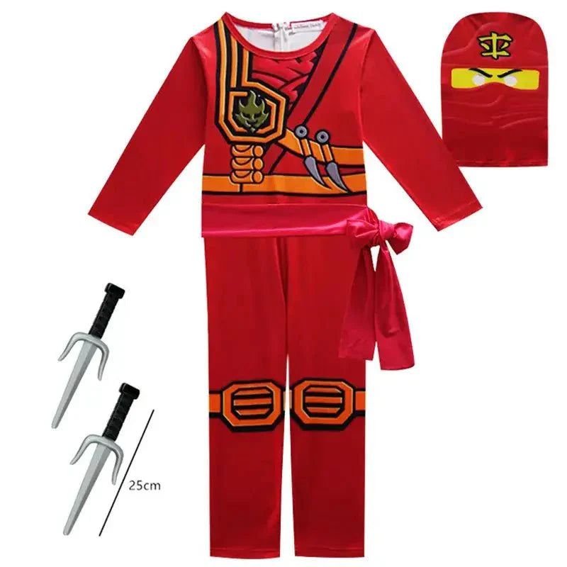 Déguisement ninjago enfant rouge en polyester léger avec accents orange noir et ceinture imprimée pour fêtes déguisées