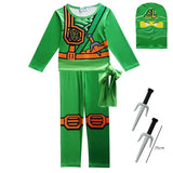 Déguisement ninjago enfant vert en polyester léger avec ceinture orange et capuche pour fêtes déguisées carnavalesques