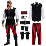 Déguisement pirate halloween homme flibustier authentique avec chemise blanche et accessoires noirs rouges pour halloween