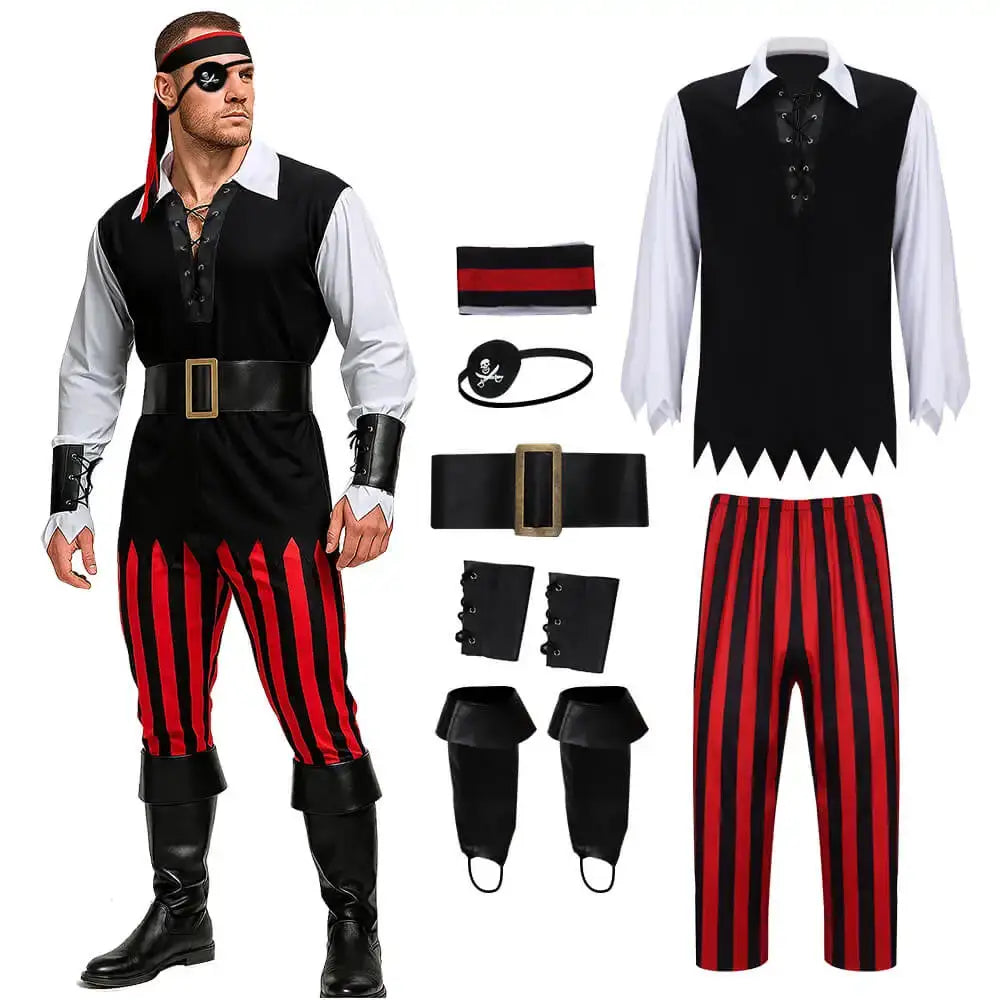 Déguisement pirate halloween homme flibustier authentique avec chemise blanche et accessoires noirs rouges pour halloween