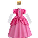 Déguisement princesse peach rose avec manches bouffantes jupe superposée et accessoires dorés pour petite princesse