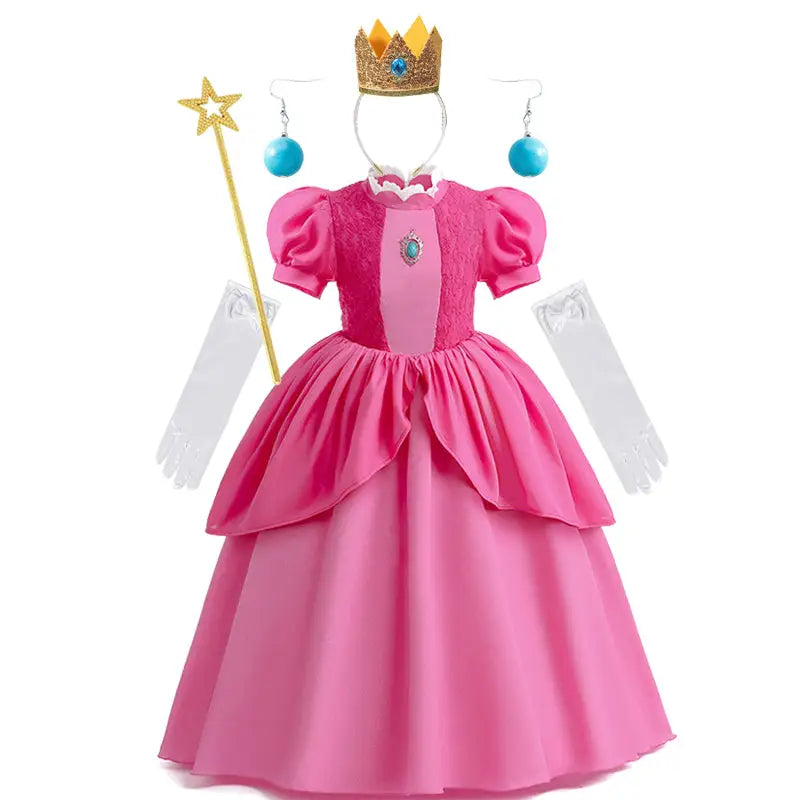 Déguisement princesse peach avec manches bouffantes, jupe à volants et couronne assortie pour petite princesse