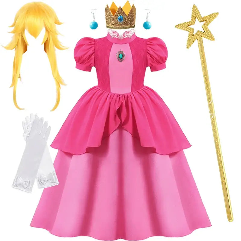 Déguisement princesse peach rose avec manches bouffantes et jupe à volants pour petite princesse accessoires complet