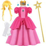 Déguisement princesse peach rose avec manches bouffantes et jupe à volants pour petite princesse accessoires complet