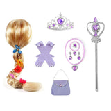 Perruque tressée blonde avec fleurs en tissu colorées et nœud bleu pour déguisement princesse raiponce kit daccessoires petites aventurières