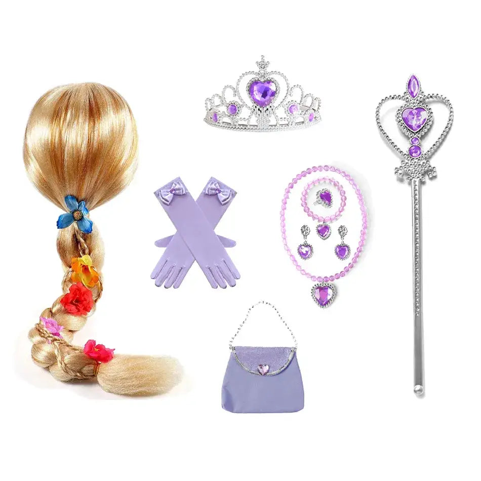 Perruque tressée blonde avec fleurs en tissu colorées et nœud bleu pour déguisement princesse raiponce kit daccessoires petites aventurières