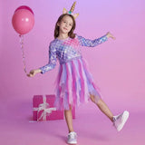 Déguisement robe sirène enfant scintillante à manches longues avec jupe tulle rose et violet assortie à serre-tête licorne